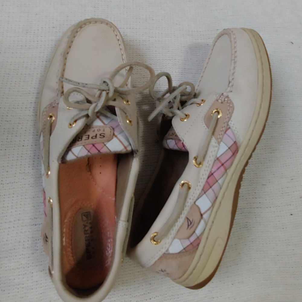Sperry top sider ivory and pink plaid shoe